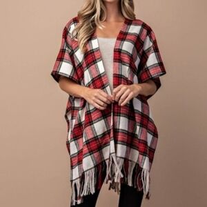 Kori Red & Cream Plaid Fringe Poncho - Size Small